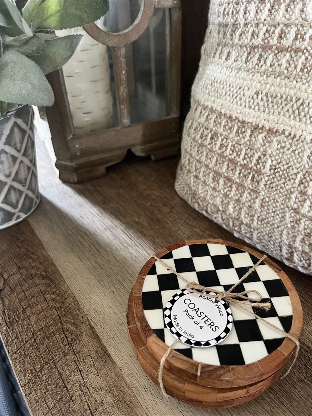 NWT Acacia Wood Black & White Checkered Coaster Set of 4 (MacKenzie-Childs Style